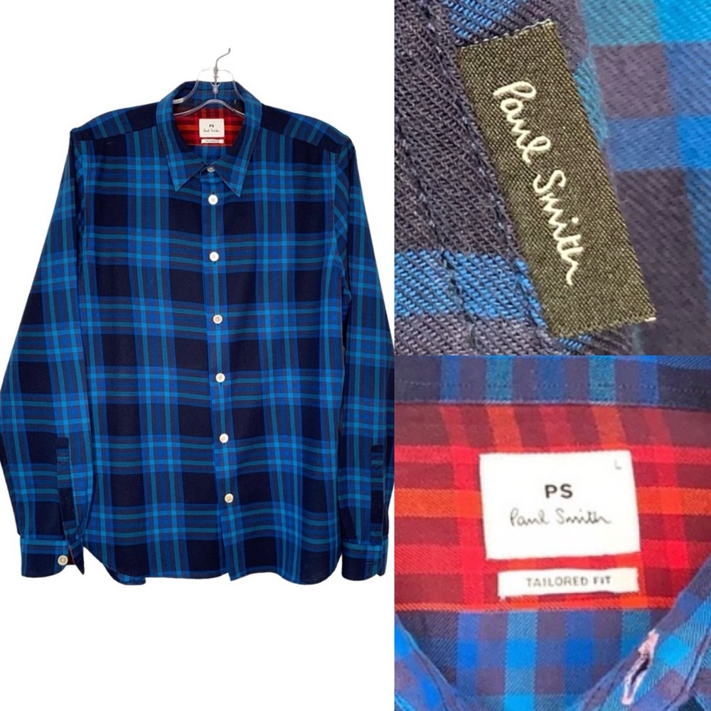 Paul Smith size Lg tailored fit cotton blue plaid with red lining on cuffs‎